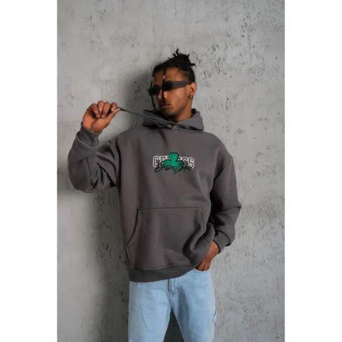 Erkek Baskılı Kapüşonlu Ve Kordon İpli Sweat - Gri