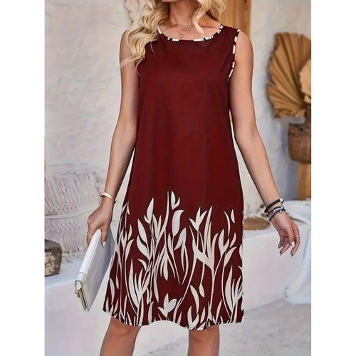 Kadın Askılı Yuvarlak Yakalı Yaprak Desenli Dalgıç Elbise