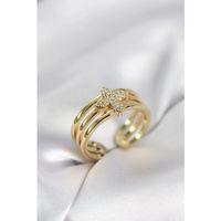 Gold Renk Zirkon Taşlı Yonca Model Kadın Yüzük