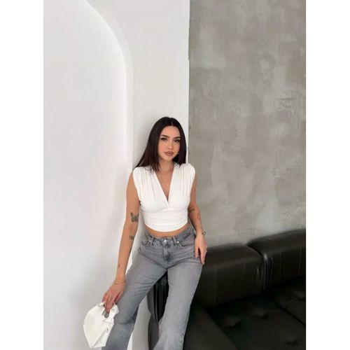 Vatkalı Kolsuz V Yaka Drapeli Crop Bluz Likralı Fit - Beyaz