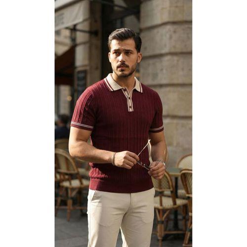 Erkek Düğme Yakalı Kontrast Yaka Triko Tişört