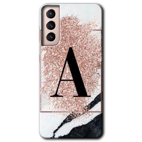 MRCİLETİSİM Samsung Galaxy S21 Plus Kılıf HD Desen Baskılı Arka Kapak + Temperli Cam - Pembe Mermer Desenli A Harfi