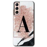 MRCİLETİSİM Samsung Galaxy S21 Plus Kılıf HD Desen Baskılı Arka Kapak + Temperli Cam - Pembe Mermer Desenli A Harfi