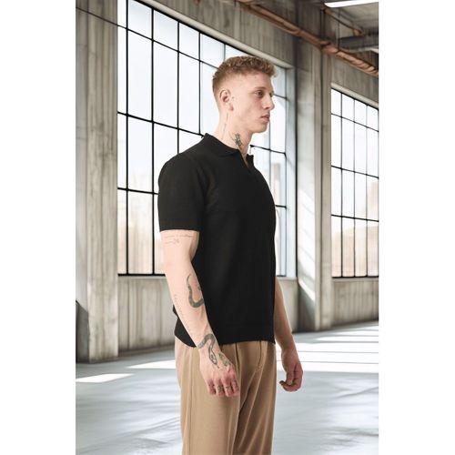 Örme Desenli Viskon Polo Yaka Triko Erkek T-Shirt - Siyah
