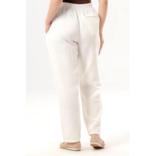 Beli Lastikli Yandan Çift Cepli Müslin Şalvar Pantolon Kırık Beyaz KrkByz