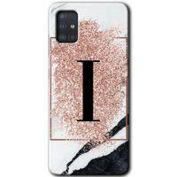 MRCİLETİSİM Samsung Galaxy A51 Kılıf HD Desen Baskılı Arka Kapak + Temperli Cam - Pembe Mermer Desenli I Harfi