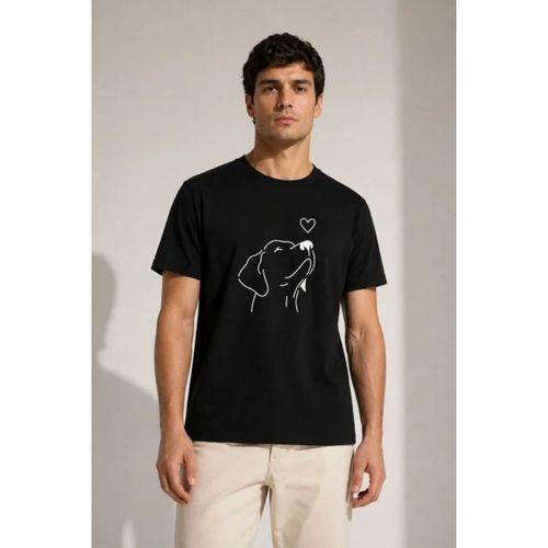 Erkek Köpek Figürlü Minimal Baskılı Tişört Kısa Kol Yazlık T-Shirt - Siyah