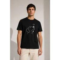 Erkek Köpek Figürlü Minimal Baskılı Tişört Kısa Kol Yazlık T-Shirt - Siyah