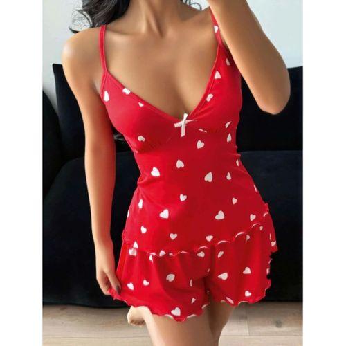 Kadın Kırmızı Kalp Desenli Şortlu Pijama Takımı Sevimli Rahat 2’li Set