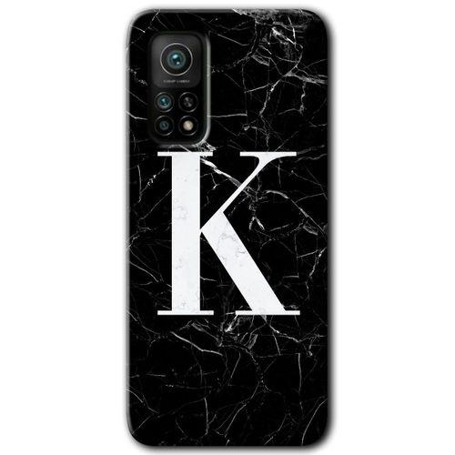Xiaomi Mi 10T Pro HD Baskılı Kılıf + 9D Tam Ekran Koruyucu - Siyah Mermer Desenli K Harfi