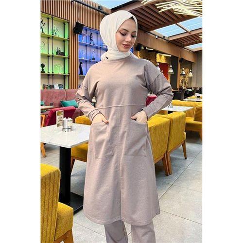 Önden İki Cepli Sade Basic Uzun Tunik Pantolon İkili Spor Takımı - 03067.016 - Vizon