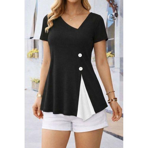 Kadın Kısa Kollu Asimetrik V Yakalı Düğme Detaylı Viskon Bluz