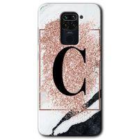 MRCİLETİSİM Xiaomi Redmi Note 9 Kılıf HD Desen Baskılı Arka Kapak + Temperli Cam - Pembe Mermer Desenli C Harfi
