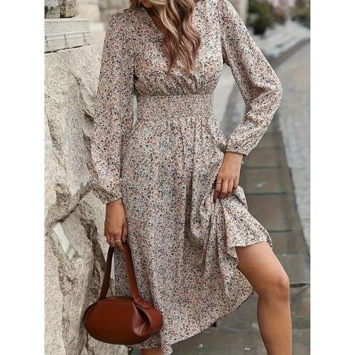 Kadın Uzun Kollu Kruvaze Yaka Beli Lastikli Kiloş Desenli Midi Süprem Elbise