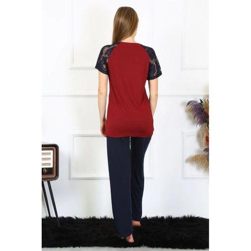 Kadın Kolu Dantelli Penye Pijama Takım Bordo
