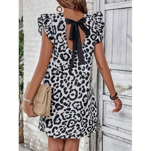 Kadın Kısa Kollu Kolları Fırfır Detay Arkası Bağlamalı Leopar Desen Kolsuz Mini Mikro Elbise