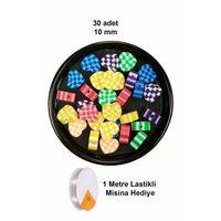 30 Adet 10 mm Polimer Kil Fimo Boncuk Takı Bileklik + 1 Metre Lastikli Misina Hediye - Desenli Kalp