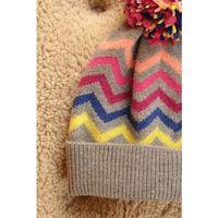 Ponponlu Zigzag Desen Kadın Gri Bere