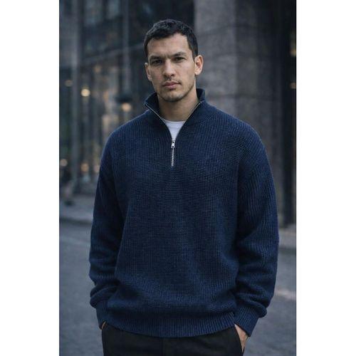 Nolan Oversize Selanik Örgü Yarım Fermuar Erkek Triko Kazak - İndigo