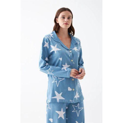 Kadın Mavi Yıldız Desenli Düğmeli Pamuklu Pijama Takımı