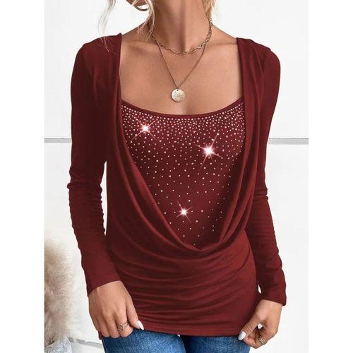 Kadın Uzun Kollu Derin Degaje Yakalı Taşlı Sandy Bluz