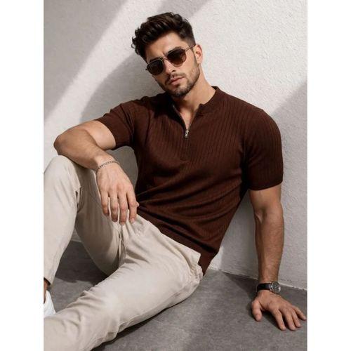 Erkek Kısa Kol Fitilli Triko T-Shirt Yazlık Hakim Yaka Tişört - Kahverengi