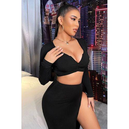 Kadın Siyah Modern Fit Uzun Kol Göğüs Ve Göbek Dekolteli Fermuarlı Crop Top Bluz