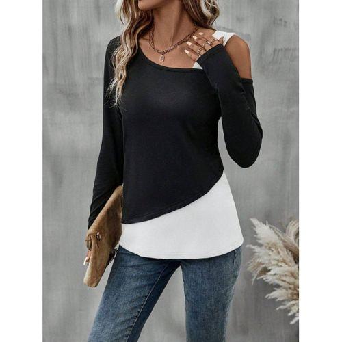 Kadın Tek Omuzu Açık Askılı çift Renkli Uzun Kollu Viskon Bluz