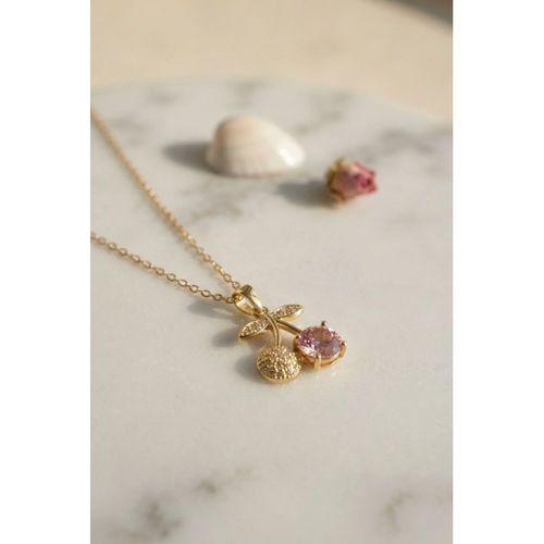 316L Çelik Zincir Gold Renk Pembe Kiraz Model Kolye
