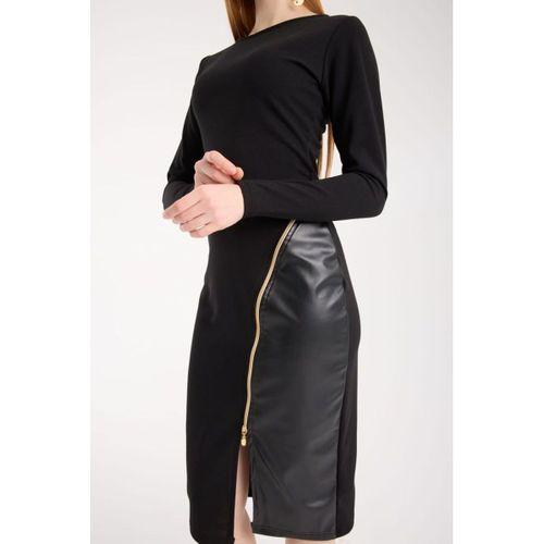 Kadın Bisiklet Yaka Uzun Kollu Deri Ve Fermuar Detay Mini Yırtmaçlı Elbise