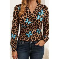 Kadın Uzun Kollu Kruvaze Yakalı Kelebek Desenli şardonlu Dalgıç Bluz