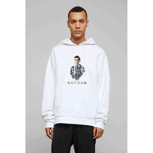 Gotham Baskılı Beyaz Erkek Kapşonlu Sweatshirt