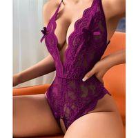 Mor Özel Bölgesi Açık Dantel İşlemeli Fantezi Body