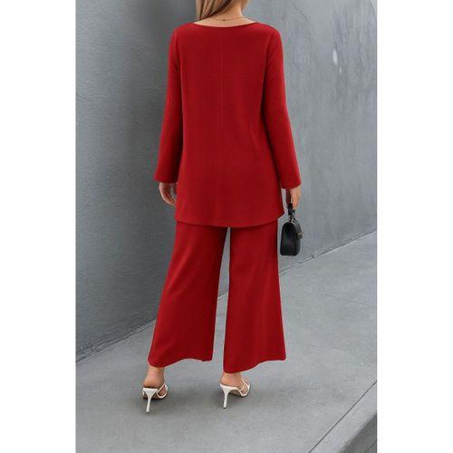 Kadın Uzun Kollu Asimetrik Detaylı Salaş Sandy Bluz Ve Pantolon Ikili Takım