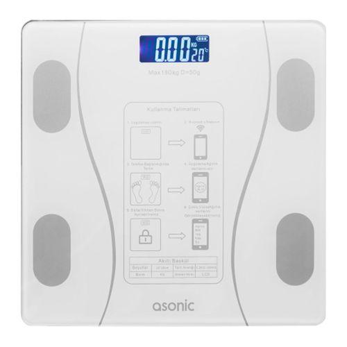ASONIC BS260, Beyaz, Bluetooth Destekli, Baskül. LCD Gösterge, 260x260mm, 180Kg a kadar ölçme.