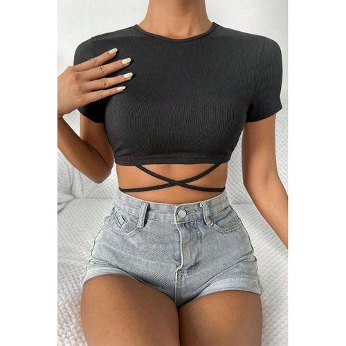 Kadın Siyah Modern Fit Yarım Kol Çapraz Bağlamalı Crop Top Bluz