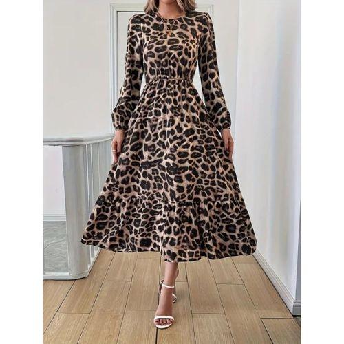 Uzun Kollu Bisiklet Yaka Leopar Desenli Midi Süprem Elbise