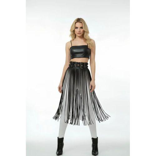 Siyah Etek Deri Yüksek Bel Etek Çift Tokalı Uzun - Brf1090