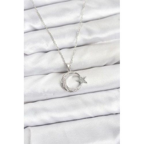 316L Çelik Zincir Gümüş Renk Ay Yıldız Model Zirkon Taşlı Kadın Kolye