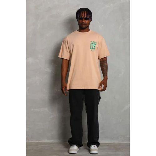 Unisex Oversize Baskılı Bisiklet Yaka T-Shirt - Bej