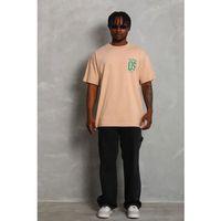 Unisex Oversize Baskılı Bisiklet Yaka T-Shirt - Bej