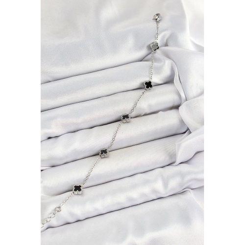 316L Çelik Siyah Sedef Yonca Model Gümüş Renk Kadın Bileklik