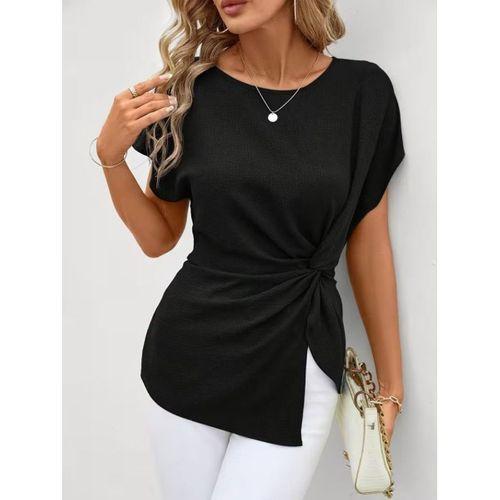 Kadın Kısa Kollu Yuvarlak Yakalı Yandan Sarmal Detaylı Bürümcük Bluz