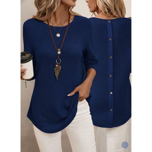 Kadın Uzun Kollu Yuvarlak Yaka Arkadan Düğmeli Waffle Bluz