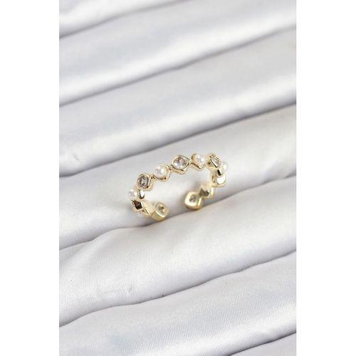 Pirinç Gold Renk Zirkon Taşlı İncili Kadın Yüzük