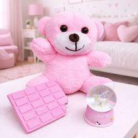 Pembe Peluş Ayıcık Kar Küresi Ve Pembe Çikolata Not Defteri