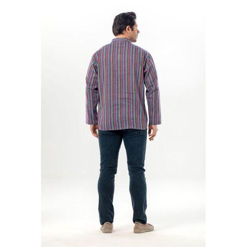 Uzun Kol Şile Bezi Tek Cepli Hakim Yaka Erkek Yazlık Tshirt Mor Çizgili 3072