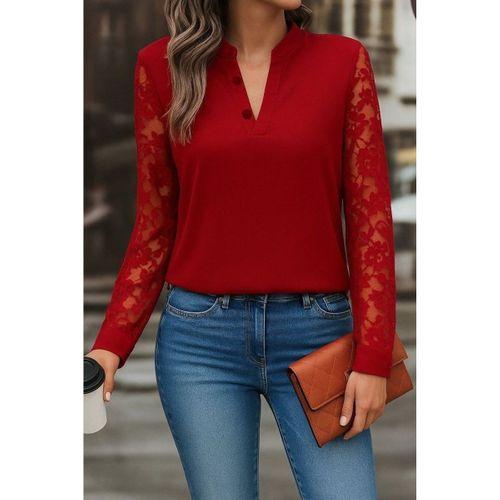 Kadın Uzun Kollu Yaka Düğme Detay Güpürlü Kol Krep Bluz