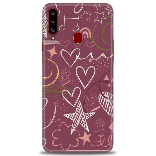 Samsung Galaxy A20S Kılıf HD Baskılı Kılıf - Notalar ve Kalpler Bordo + Tam Ekran Koruyucu