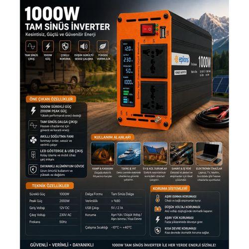 1000w Tam Sinüs İnverter 12v Ac Çevirici | Sessiz Fanlı, Usb Çıkışlı, Araç Karavan Tekne Solar Uyumlu Güç İnverteri